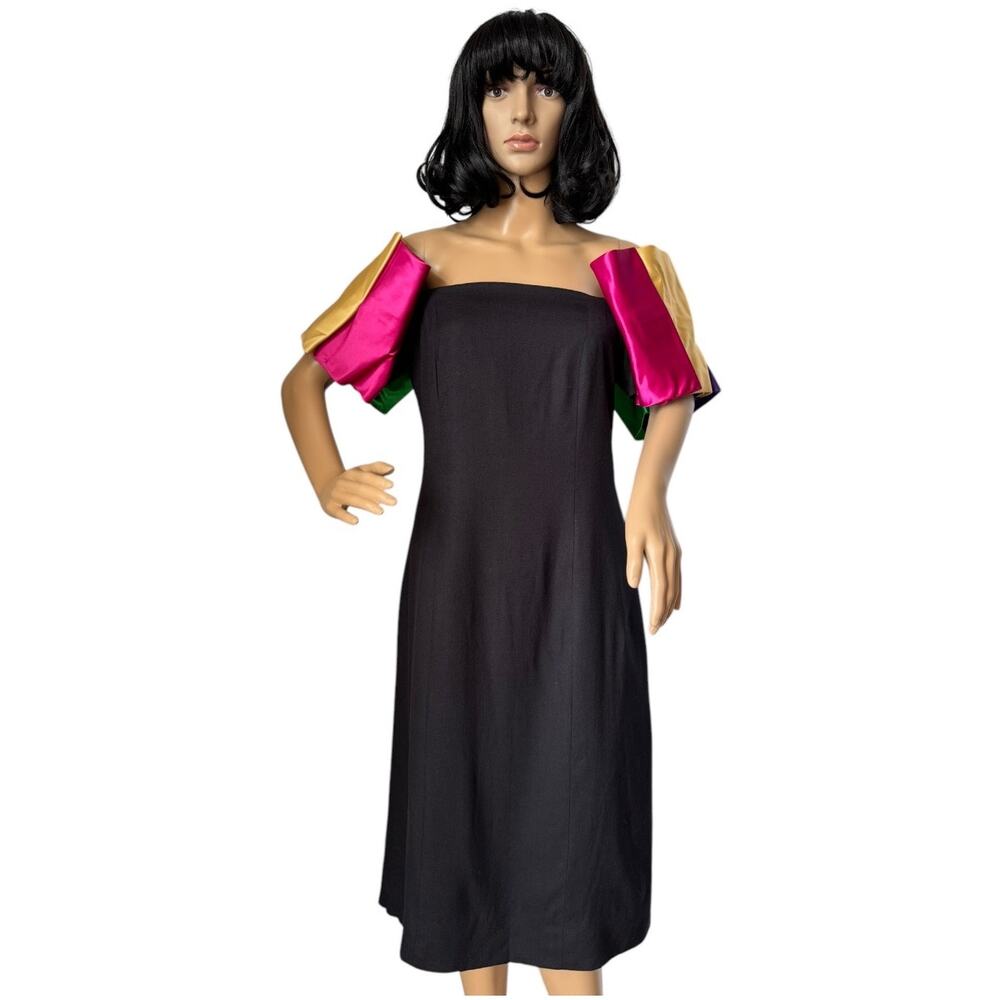 Vintage 80's black with off shoulder multi colors puff satin sleeves size s-m - Picture 7 of 16